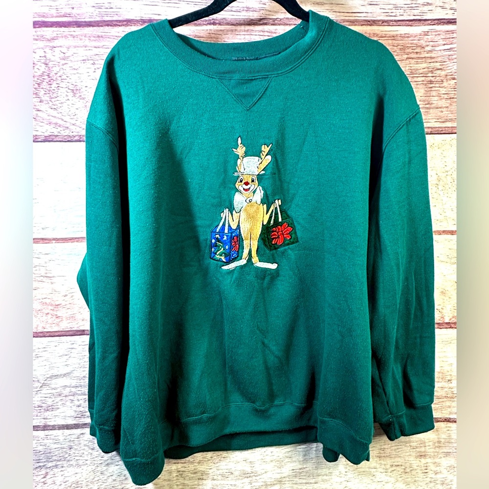 Vintage Rudolph Shopping Holiday Sweatshirt Women's Size XXL Pine Green